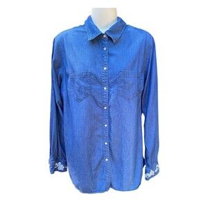 Bit & Bridle Pearl Snap Denim Western Shirt Blue Floral Cuffs Size M